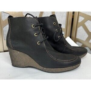 Timberland Women Ankle Boots Black Nubuck Leather Wedge Heels Bootie Sz 11